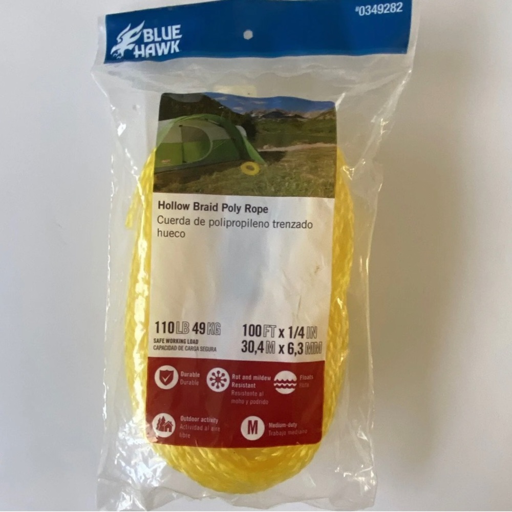 Blue Hawk 100’ X 1/4” Yellow Hollow Nylon Rope Safe Working Load 110 LBS NEW